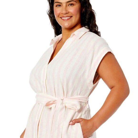 DRAPER JAMES Trisha Linen Belted Shirtdress in Light Pink Cabana Stripe, Plus 2X - Picture 2 of 9